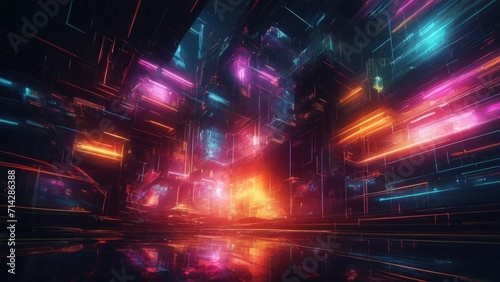 abstract illustration of geometric shapes and structures in colorful neon colors and lights in cyberspace against dark background  generative AI.