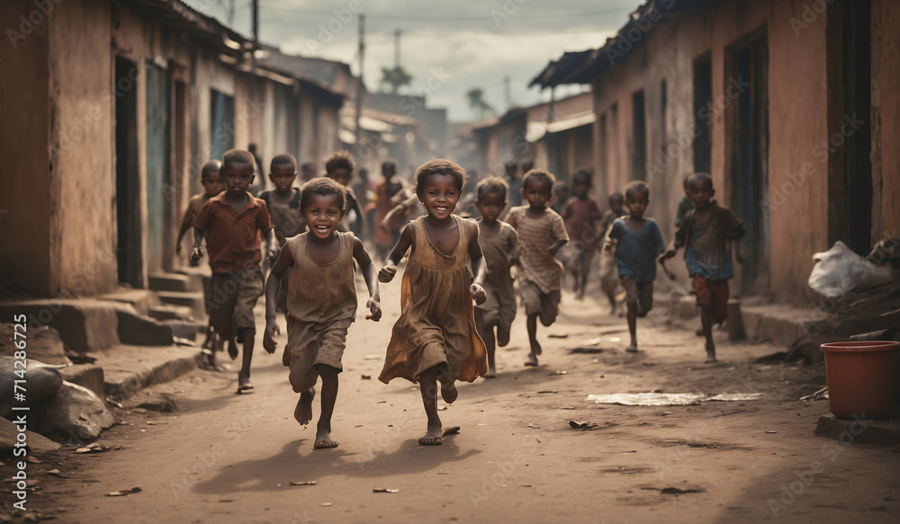 African famine. African children run around in old, torn clothes among unfinished slums. Happy children run through the streets of a village in Africa. Global problems of the world: hunger - obrazy, fototapety, plakaty 