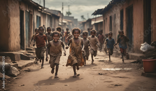 African famine. African children run around in old, torn clothes among unfinished slums. Happy children run through the streets of a village in Africa. Global problems of the world: hunger photo