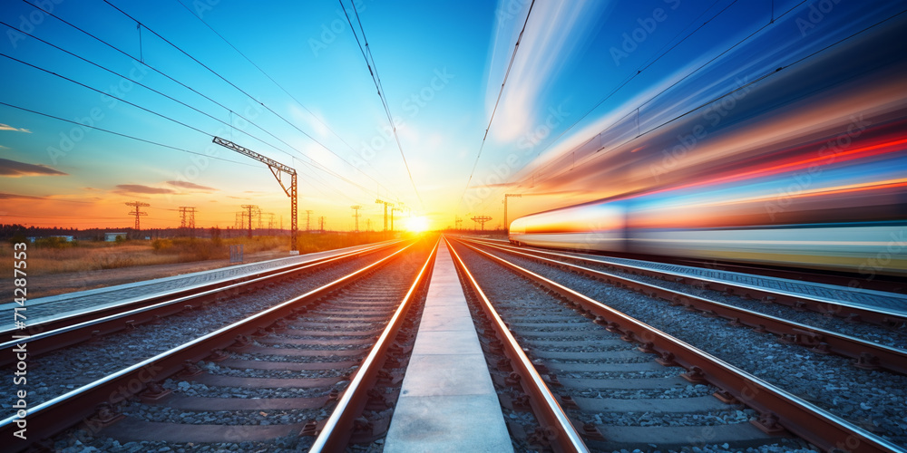 Railroad in motion at sunset. AI Generative. Railroad in motion at sunset. AI Generative.