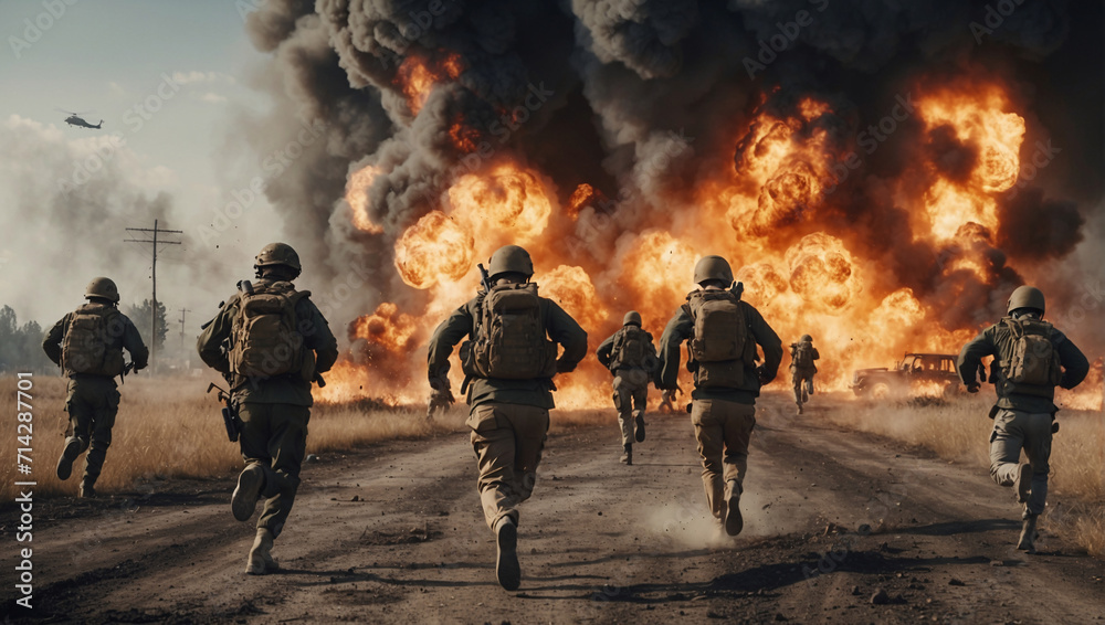 Obraz premium People are fleeing, running away from the epicenter of explosions and destruction caused by the outbreak of hostilities. In an apocalyptic situation, they try to save their loved ones