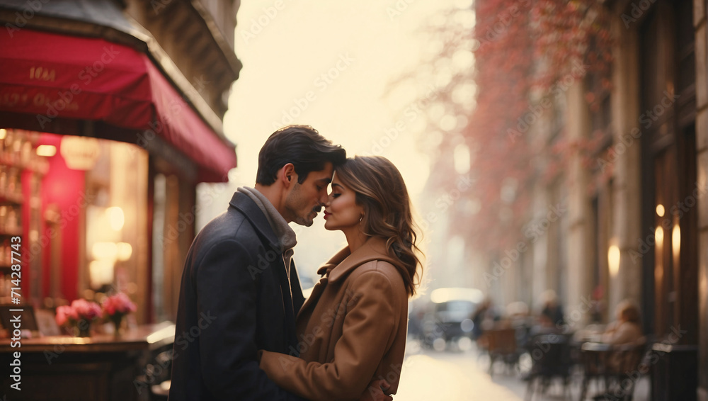 Romance blooms on streets european city couple in love kisses under sky filled with feelings of valentine's day. day is filled with magic of love, as if every moment is imbued with magic of romance