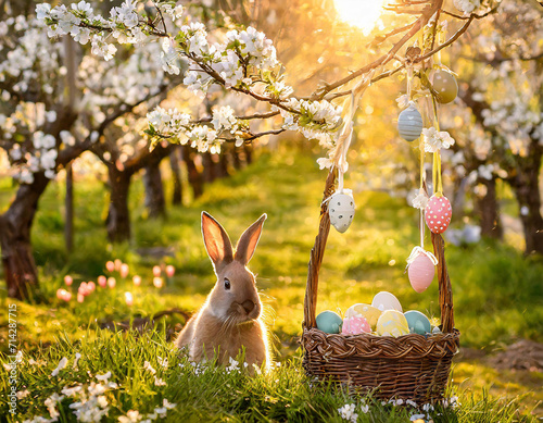 Enchanting Easter Scene: Bunnies, Eggs, and Gardens in the Farmer's Courtyard with a Church in the Background