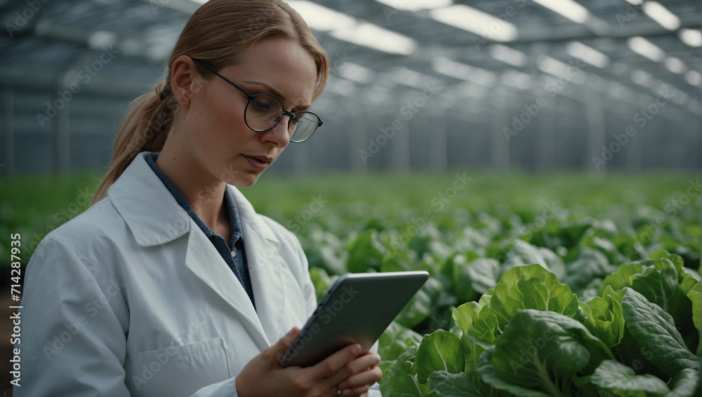 The modern farmer grows green lettuce in industrial greenhouses, using new methods of growing food in artificial conditions. Industrial food production on a farm The modern farmer grows green lettuce in industrial greenhouses, using new methods of growing food in artificial conditions. Industrial food production on a farm