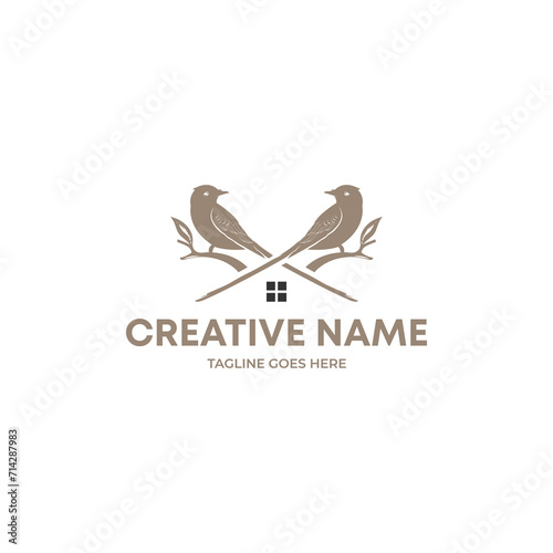 Long tail bird with house roofing logo, roofing company logo, real estate logo