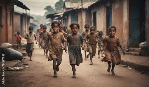 There is famine in the villages of Africa, children run around in old rags among destroyed buildings. Global hunger is a pressing world problem. Hungry dirty but happy children photo