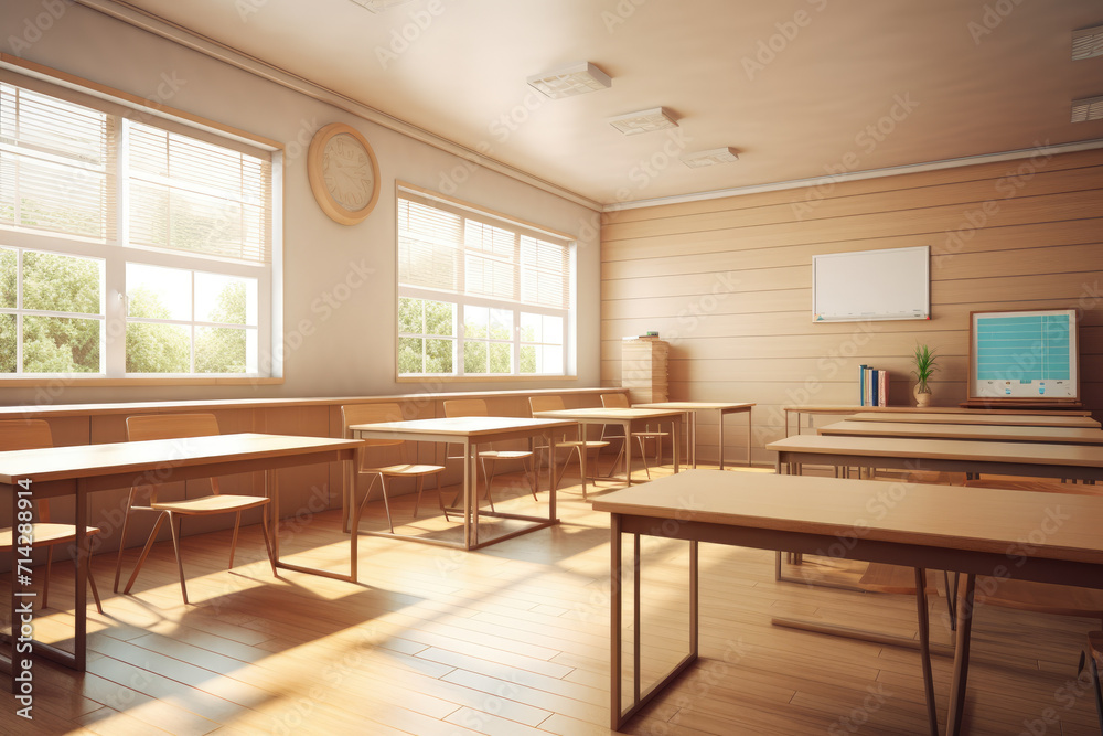Whiteboard desks and tidy empty classroom, back to school. Generative ai