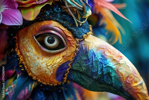 Bird in a carnival mask and colored feathers. Generative AI © masharinkaphotos