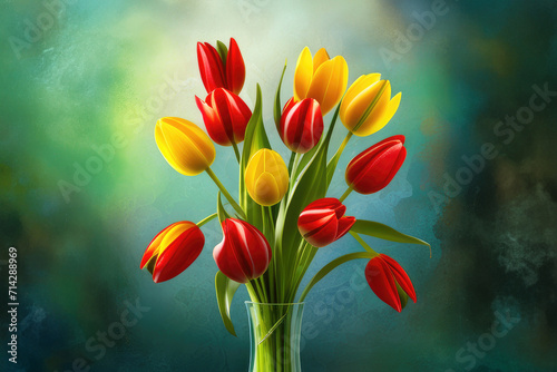 Bunch of red and yellow tulip flowers in a glass vintage vase against dark plaster wall.