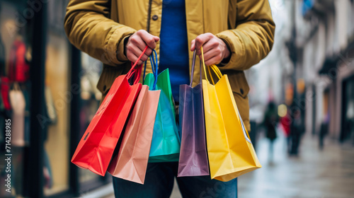 Joyful Retail Experience: Ecstatic Man Holding Multiple Bags