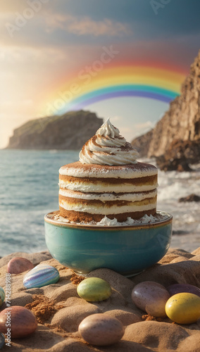 Slice of Tiramisu cake with coffi on a cup. photo