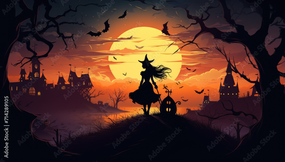 Witch and haunted house silhouette sunset background for party invitation design