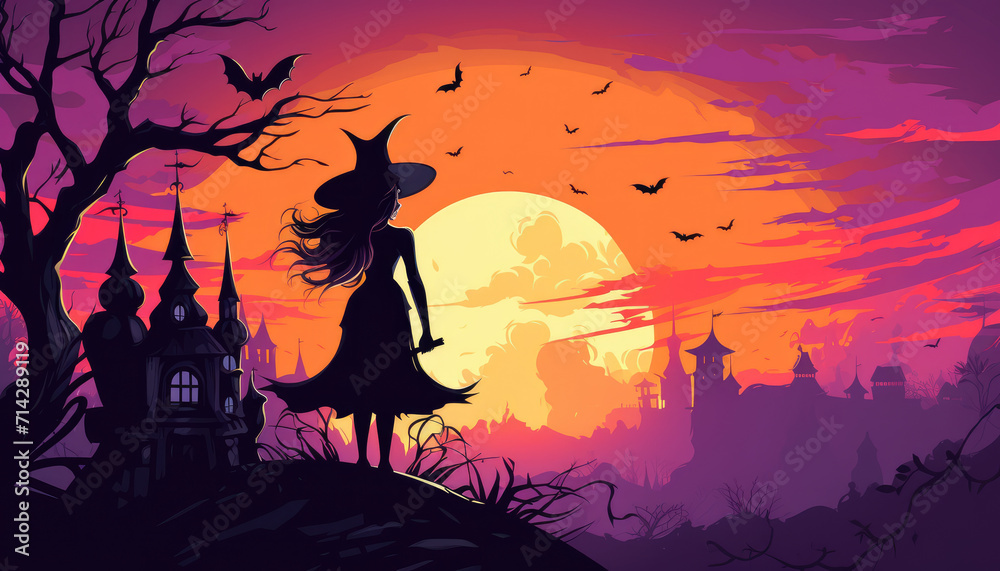 Witch and haunted house silhouette sunset halloween banner