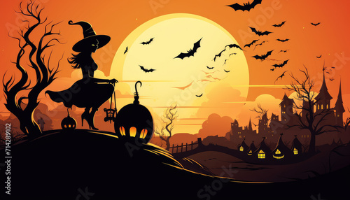 Witch and haunted house silhouette sunset background for brochure design
