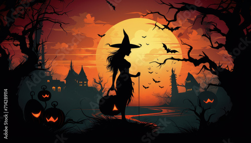 Witch and haunted house silhouette sunset background for poster design