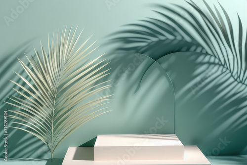Luxury leaf shadow leaves in green natural background with pedestal. Concept © Любовь Переславцева