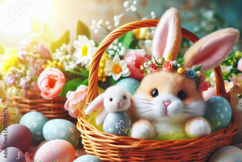 Easter scene with bunnies and eggs and flowers in a basket, in the background