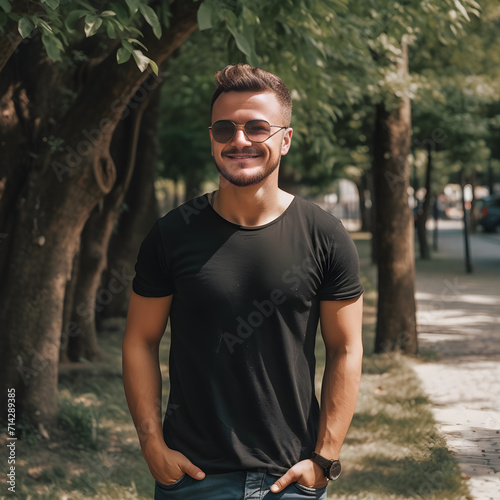 illustration of model wearing T-shirt in the park 
