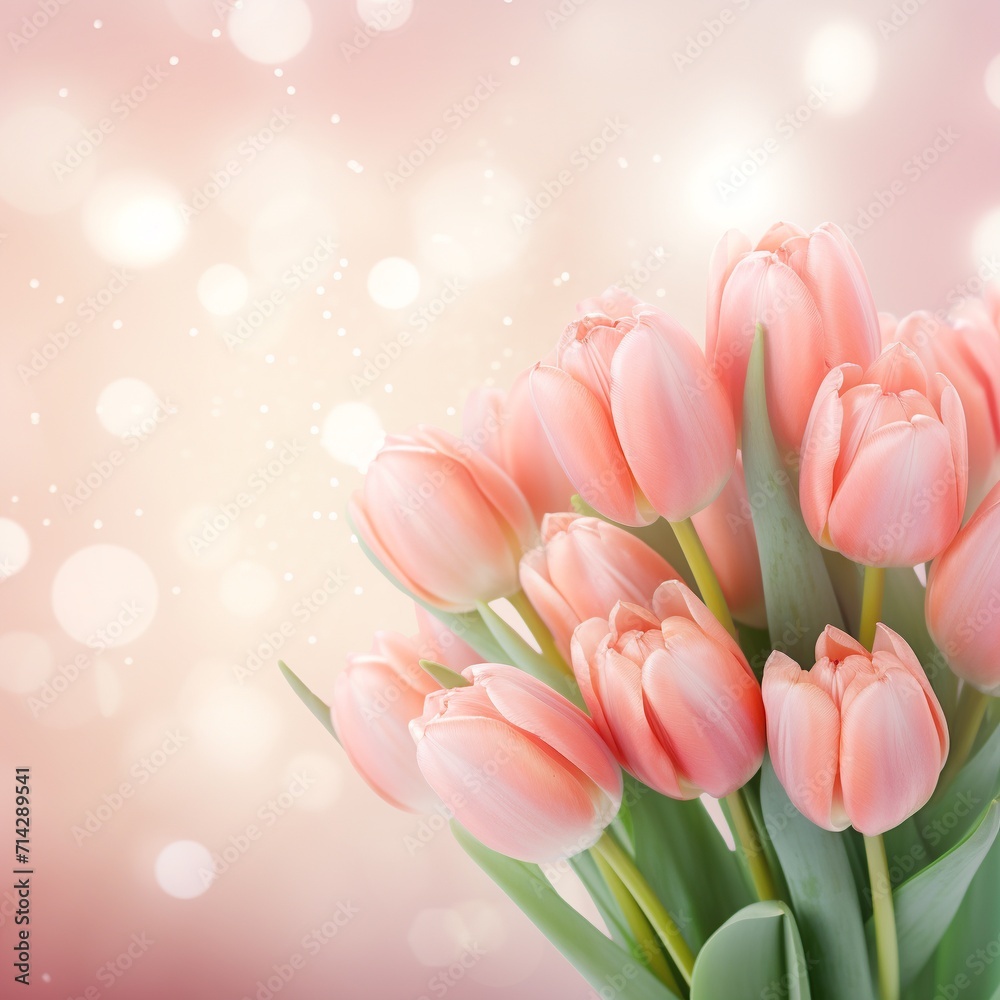 Bouquet of pink tulips on bokeh background.AI.