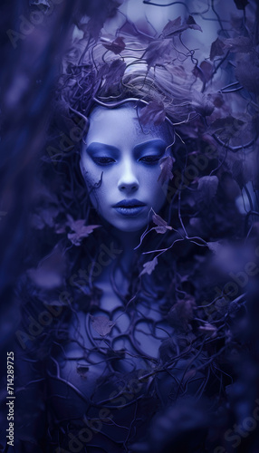 Witch woman surreal for halloween in mystic blue and violet colors