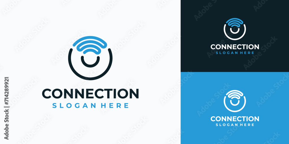 Technology connection vector logo design, line style signal wave.