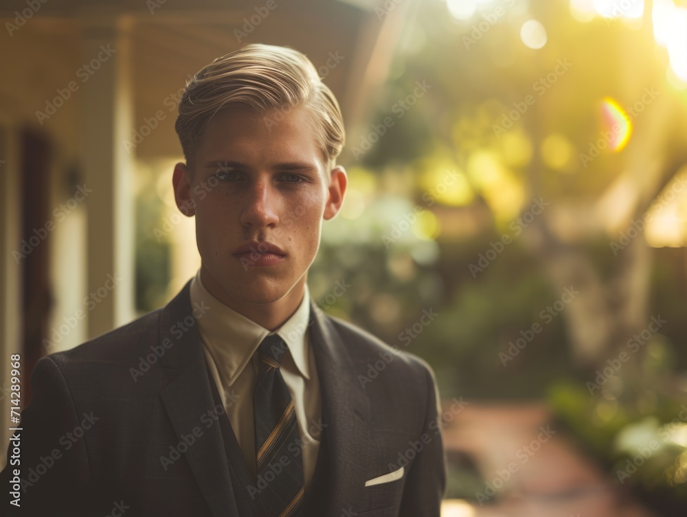 Photorealistic Adult White Man with Blond Straight Hair vintage Illustration. Portrait of a person in 1950s era aesthetics. Conservative style Ai Generated Horizontal Illustration. Photorealistic Adult White Man with Blond Straight Hair vintage Illustration. Portrait of a person in 1950s era aesthetics. Conservative style Ai Generated Horizontal Illustration.