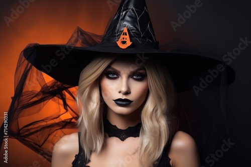 Woman wearing witch hat for halloween party on red background