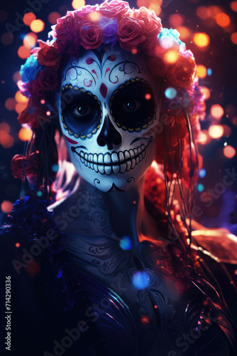 Woman with Day of the Dead make up and clothing on blurred glowing light background