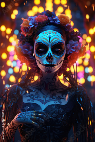 Woman with Day of the Dead make up and clothing on blurred glowing light background