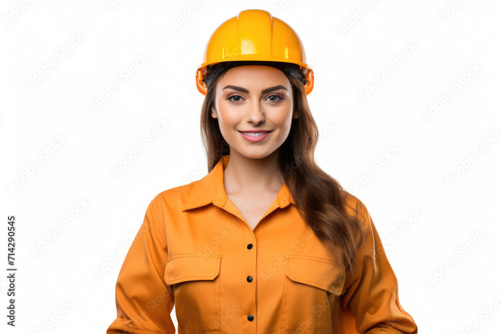 Woman worker in orange safety helmet , isolated white background