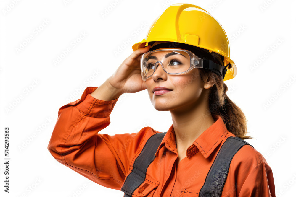 Woman worker in yellow safety helmet, isolated white background Woman worker in yellow safety helmet, isolated white background