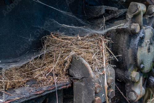 Verlassenes Vogelnest mit Spinnennetz auf einem Eisenbahnrad