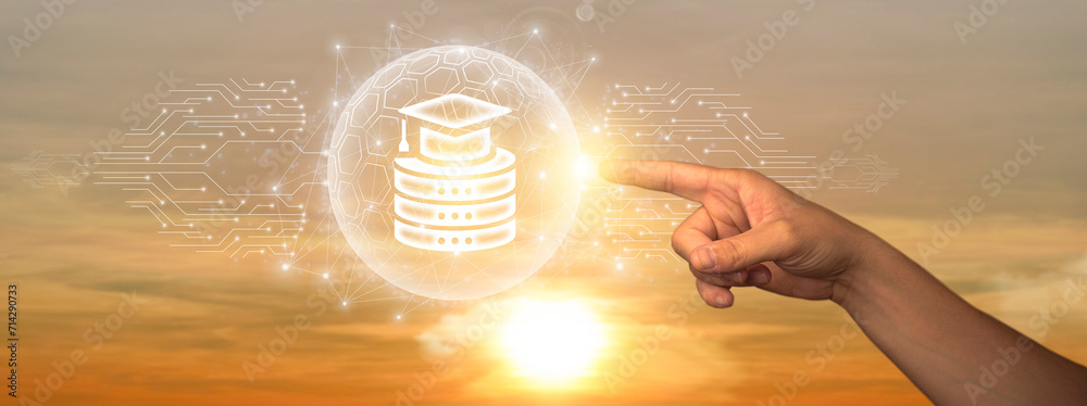 Foto Data Science: Man Touching Global Network and Data Connection on Space Background