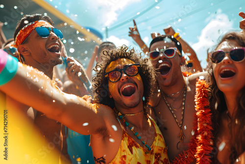 Pessoas sorridentes fantasiadas se divertindo no carnaval: Uma Explosão de Alegria e Cores, AI Generativa photo