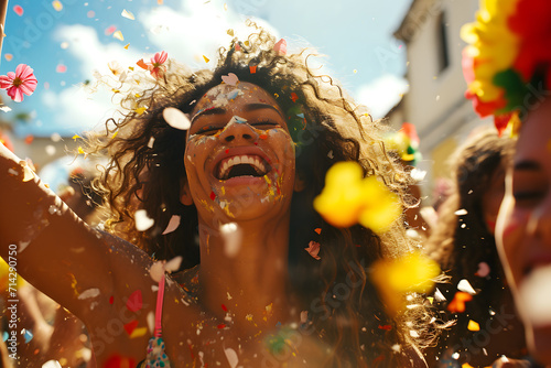 Uma bela jovem sorridente se divertindo na festa de carnaval: Encanto e Alegria em Cada Passo, AI Generativa photo