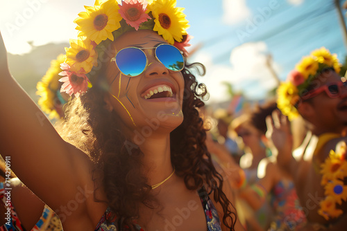 Bela jovem com coroa de flores nos cabelos cacheados se divertindo no carnaval baiano, samba cultura comemoração festival  photo