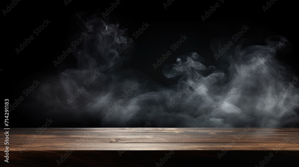 Wooden empty product area on black foggy background