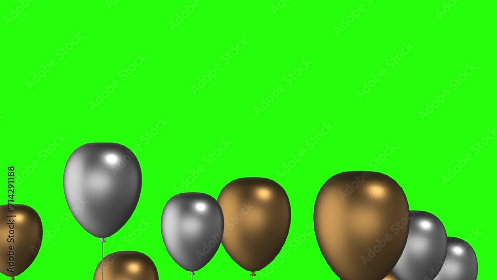 Golden and silver balloons flying on green screen or chroma key. Golden and silver colored balloons floating and going up in the air. Balloons rising and swaying in the wind. Golden and silver balloons flying on green screen or chroma key. Golden and silver colored balloons floating and going up in the air. Balloons rising and swaying in the wind.