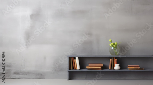 Wooden bookshelf decor and product mockup background in front of gray concrete wall