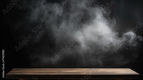Wooden empty product area on black foggy background