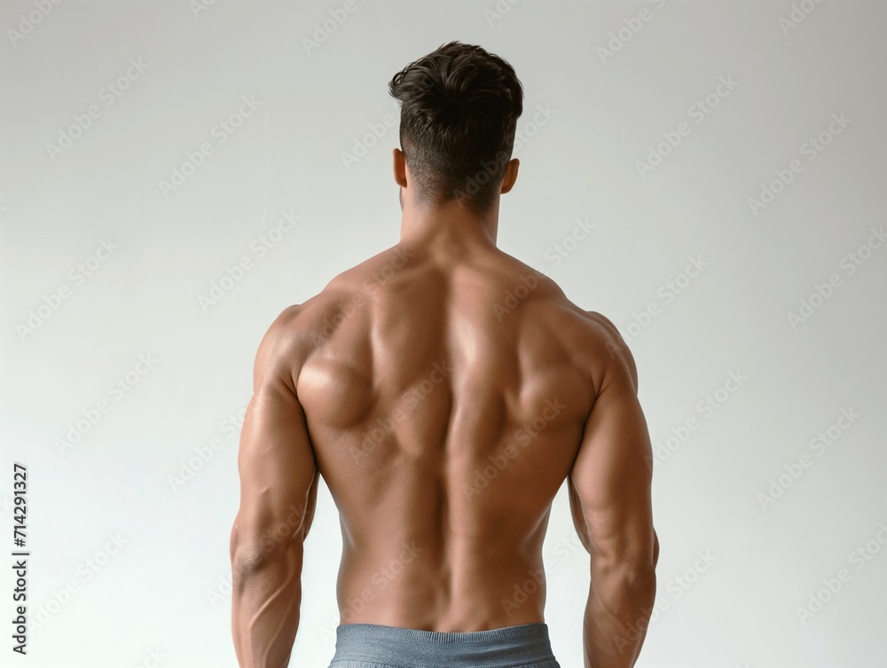 Athletic man's back on a light gray background. Fitness and body beauty. Determination and training. Health and sport concept. Background for a website and social networks about a healthy lifestyle.