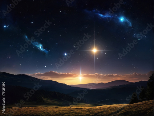 Panorama blue night sky milky way and bright stars on dark background. Universe filled  nebula and galaxy. Amazing astrophotography. Beautiful universe. Travel