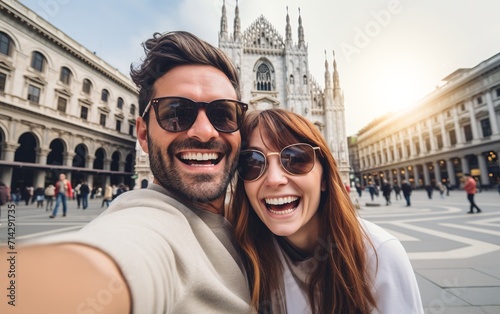 Happy couple taking selfie in front of Duomo cathedral in Milan, Italy