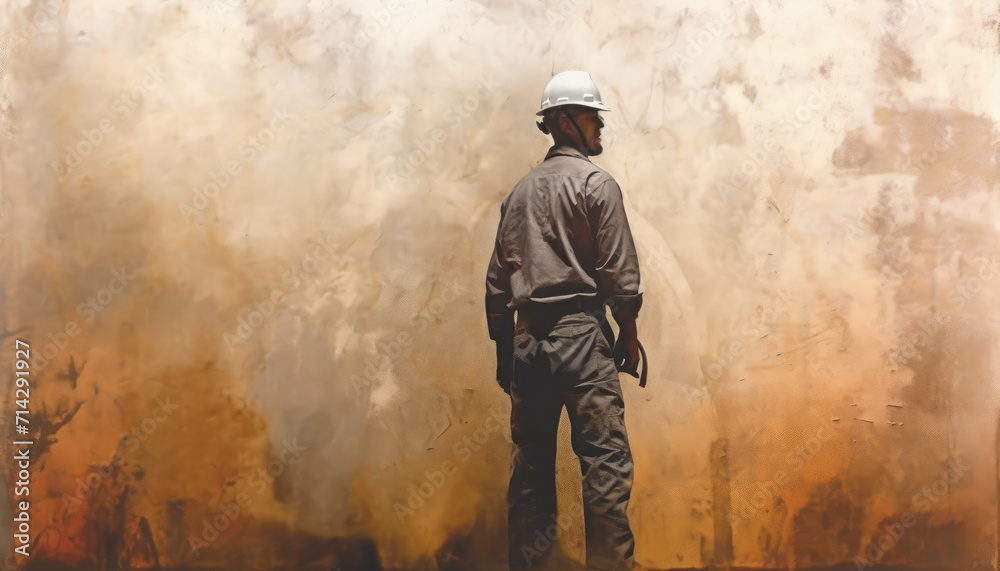 Naklejka premium Worker in white helmet standing in front of back facing wall