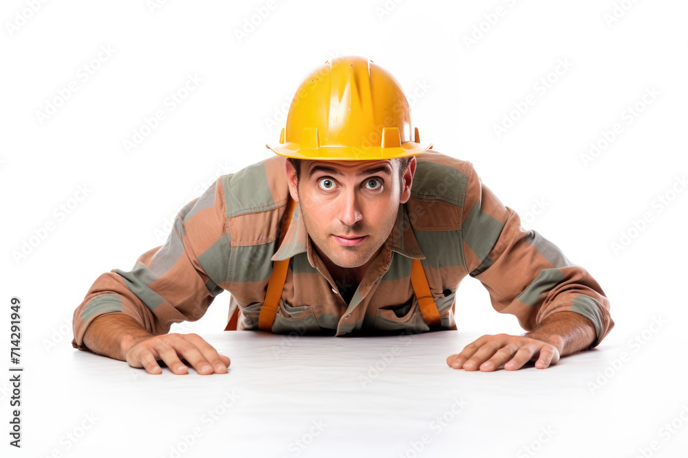 Worker in safety helmet man eye level angle, isolated white background Worker in safety helmet man eye level angle, isolated white background