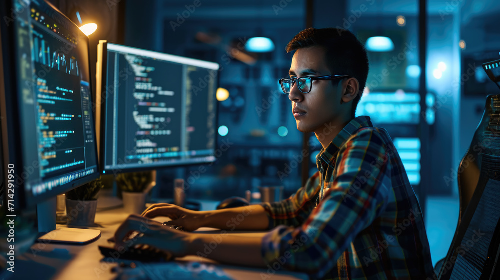Focused male programmer working in a dark office environment, typing intently on a keyboard while multiple monitors display lines of code Focused male programmer working in a dark office environment, typing intently on a keyboard while multiple monitors display lines of code