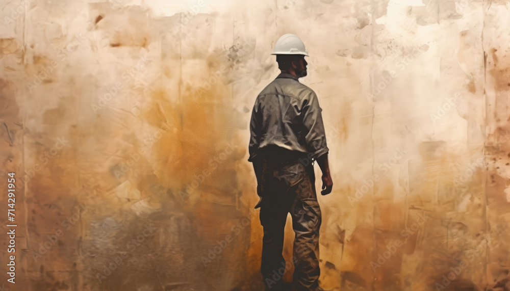 Worker in white helmet standing in front of back facing wall Worker in white helmet standing in front of back facing wall
