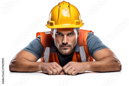 Worker in safety helmet man eye level angle, isolated white background