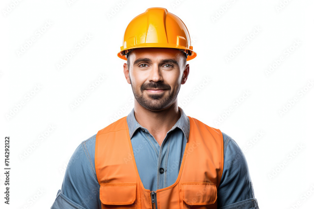 Worker man eye level angle in safety helmet and vest, isolated white background Worker man eye level angle in safety helmet and vest, isolated white background