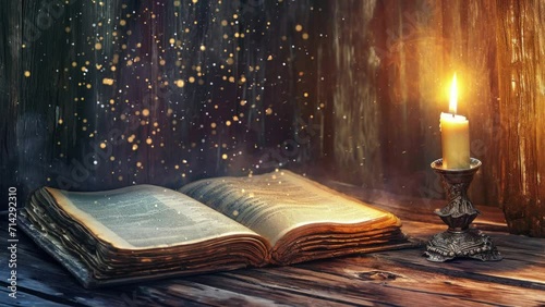 An old fairy tale book with a candle, rising particles, loop animation photo